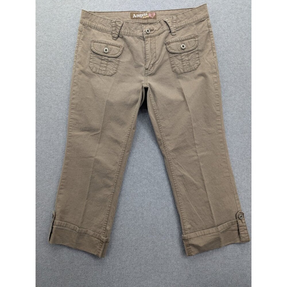 Angels Jeans Capri Pants Womens SZ 11 Beige Flap Pocket Cuffs flat Front Ripstop